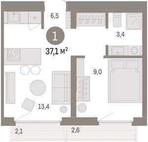 1-к квартира, вторичка, 37м2, 7/9 этаж