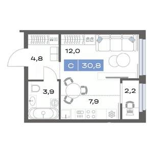 Студия квартира, строящийся дом, 31м2, 14/17 этаж