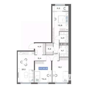 3-к квартира, строящийся дом, 93м2, 17/20 этаж