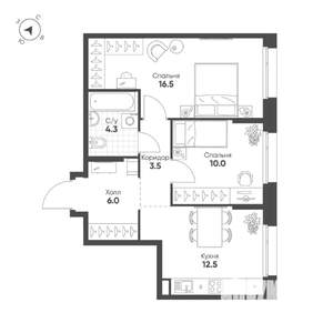 2-к квартира, вторичка, 53м2, 4/16 этаж