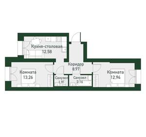 2-к квартира, вторичка, 53м2, 2/4 этаж