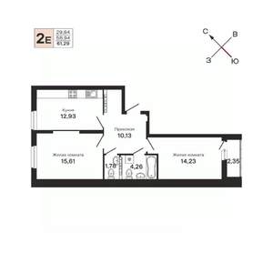 2-к квартира, строящийся дом, 61м2, 11/25 этаж