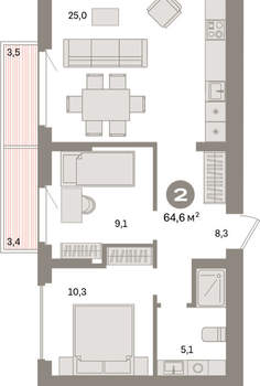 2-к квартира, вторичка, 65м2, 7/16 этаж