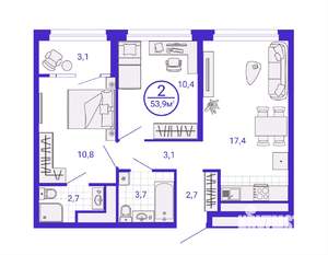 2-к квартира, строящийся дом, 52м2, 25/28 этаж