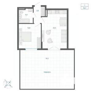 1-к квартира, вторичка, 57м2, 2/15 этаж