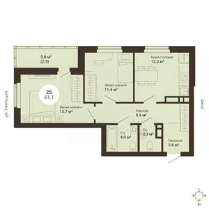 2-к квартира, сданный дом, 61м2, 15/25 этаж