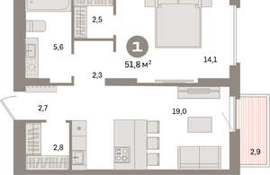 1-к квартира, вторичка, 52м2, 8/16 этаж