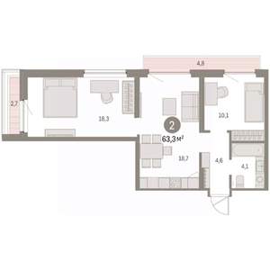 2-к квартира, вторичка, 63м2, 6/9 этаж