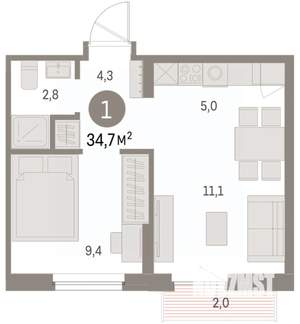 1-к квартира, вторичка, 35м2, 6/9 этаж