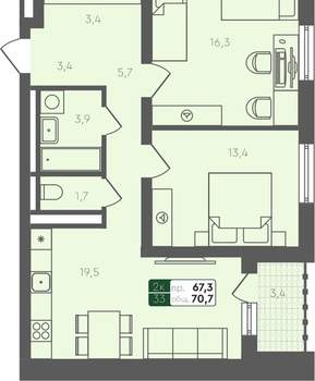 2-к квартира, вторичка, 71м2, 4/2 этаж