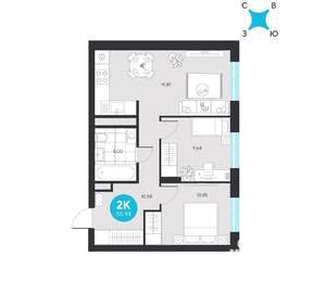 2-к квартира, строящийся дом, 56м2, 2/23 этаж
