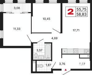 2-к квартира, вторичка, 59м2, 23/25 этаж
