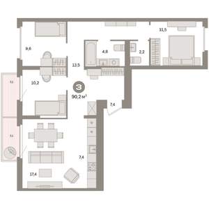 3-к квартира, вторичка, 90м2, 9/9 этаж