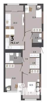 3-к квартира, строящийся дом, 78м2, 3/15 этаж