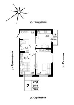 2-к квартира, вторичка, 55м2, 13/19 этаж