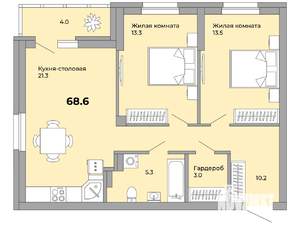 2-к квартира, сданный дом, 69м2, 3/21 этаж