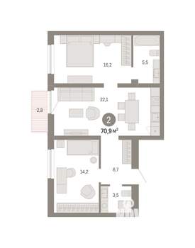 2-к квартира, вторичка, 71м2, 8/9 этаж