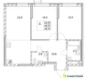 2-к квартира, вторичка, 69м2, 23/30 этаж
