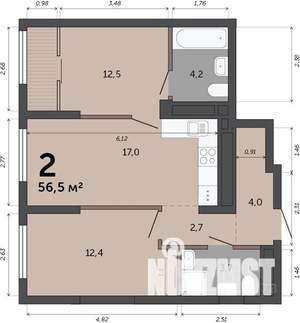 2-к квартира, строящийся дом, 57м2, 22/23 этаж