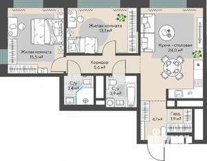 2-к квартира, строящийся дом, 72м2, 24/30 этаж