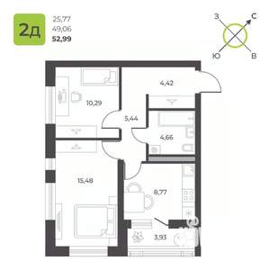 2-к квартира, вторичка, 53м2, 22/23 этаж