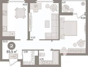 2-к квартира, вторичка, 66м2, 2/19 этаж