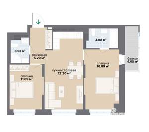 2-к квартира, вторичка, 68м2, 16/25 этаж