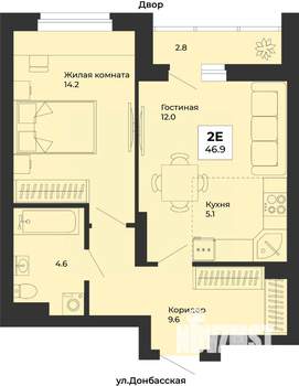2-к квартира, строящийся дом, 47м2, 3/25 этаж