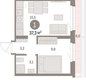 1-к квартира, вторичка, 37м2, 7/9 этаж
