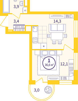 1-к квартира, вторичка, 35м2, 7/12 этаж
