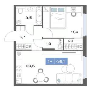 1-к квартира, строящийся дом, 46м2, 1/17 этаж