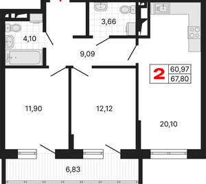 2-к квартира, вторичка, 68м2, 3/25 этаж