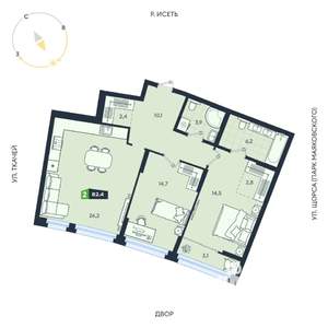 2-к квартира, вторичка, 82м2, 8/16 этаж