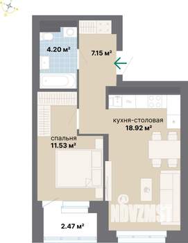 1-к квартира, строящийся дом, 44м2, 16/26 этаж