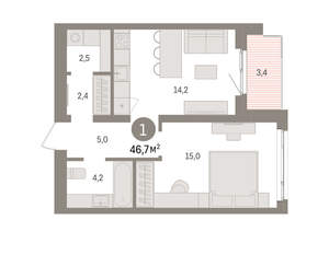 1-к квартира, вторичка, 47м2, 3/15 этаж