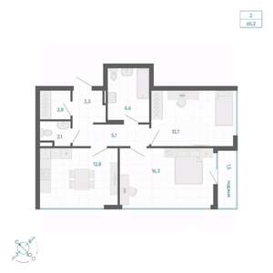 2-к квартира, вторичка, 65м2, 4/10 этаж