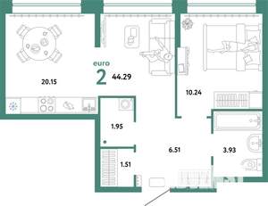2-к квартира, строящийся дом, 44м2, 6/24 этаж