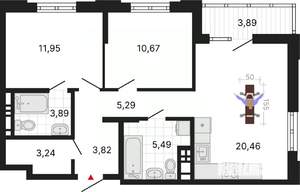2-к квартира, вторичка, 69м2, 6/6 этаж