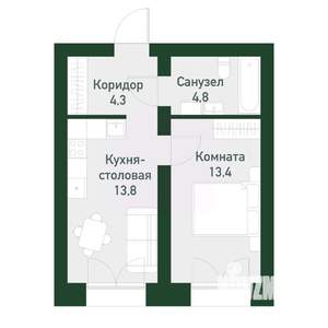 1-к квартира, вторичка, 35м2, 1/4 этаж