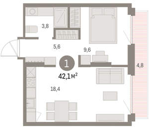 1-к квартира, вторичка, 42м2, 6/9 этаж