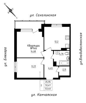 2-к квартира, строящийся дом, 53м2, 16/25 этаж