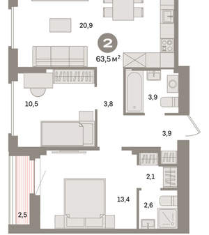 2-к квартира, вторичка, 64м2, 7/16 этаж