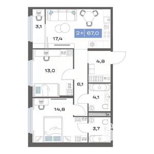 2-к квартира, строящийся дом, 67м2, 6/17 этаж