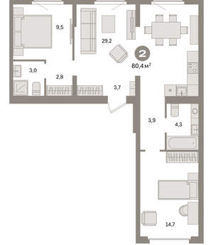 2-к квартира, вторичка, 80м2, 8/9 этаж