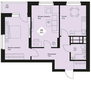 2-к квартира, вторичка, 60м2, 18/25 этаж