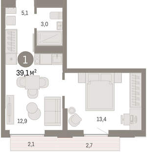 1-к квартира, вторичка, 39м2, 5/16 этаж