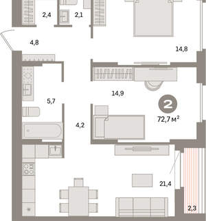 2-к квартира, вторичка, 73м2, 6/16 этаж