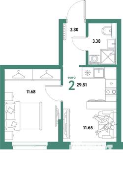 2-к квартира, строящийся дом, 30м2, 8/21 этаж