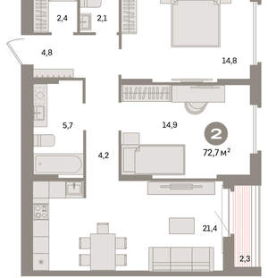 2-к квартира, вторичка, 73м2, 8/16 этаж