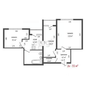 2-к квартира, вторичка, 55м2, 1/9 этаж